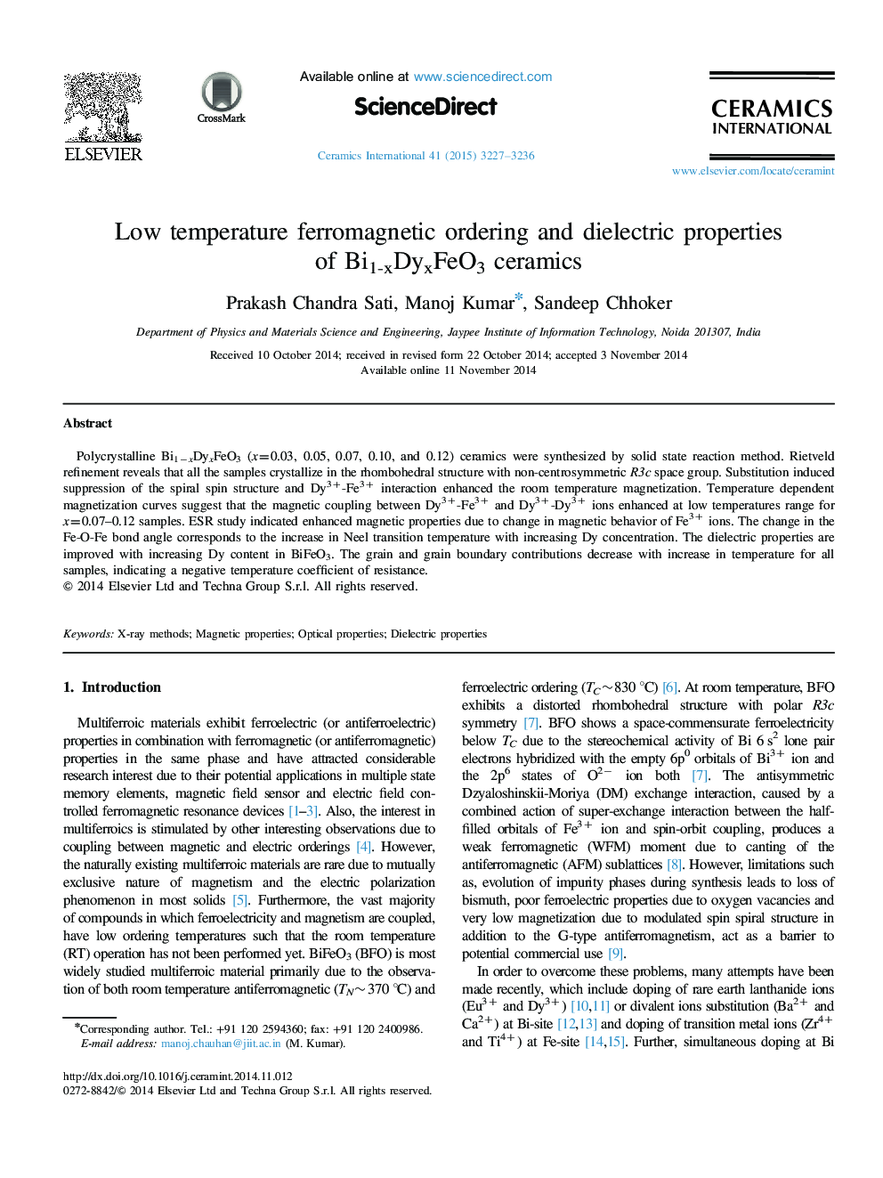 Low temperature ferromagnetic ordering and dielectric properties of Bi1-xDyxFeO3 ceramics