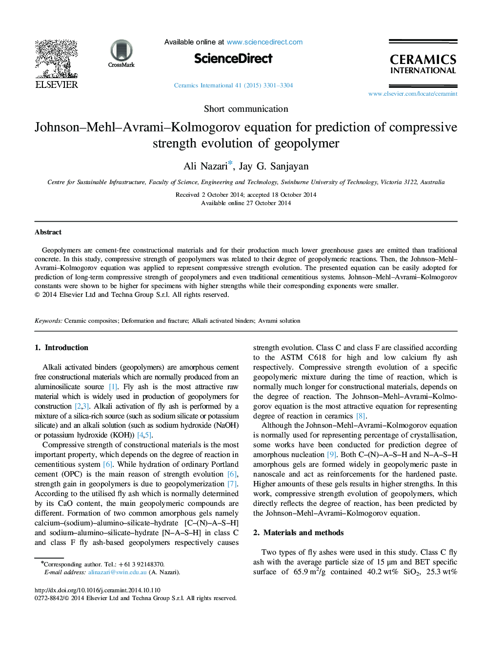 Johnson–Mehl–Avrami–Kolmogorov equation for prediction of compressive strength evolution of geopolymer