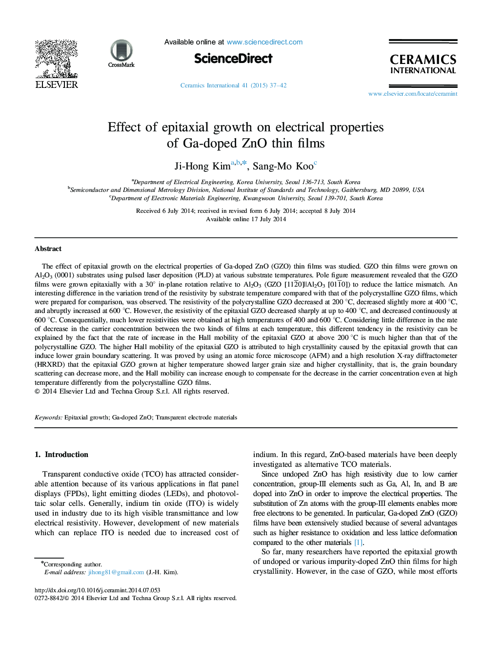 Effect of epitaxial growth on electrical properties of Ga-doped ZnO thin films