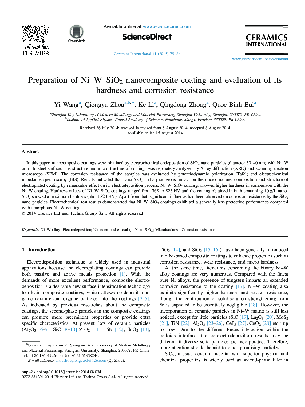 Preparation of Ni–W–SiO2 nanocomposite coating and evaluation of its hardness and corrosion resistance