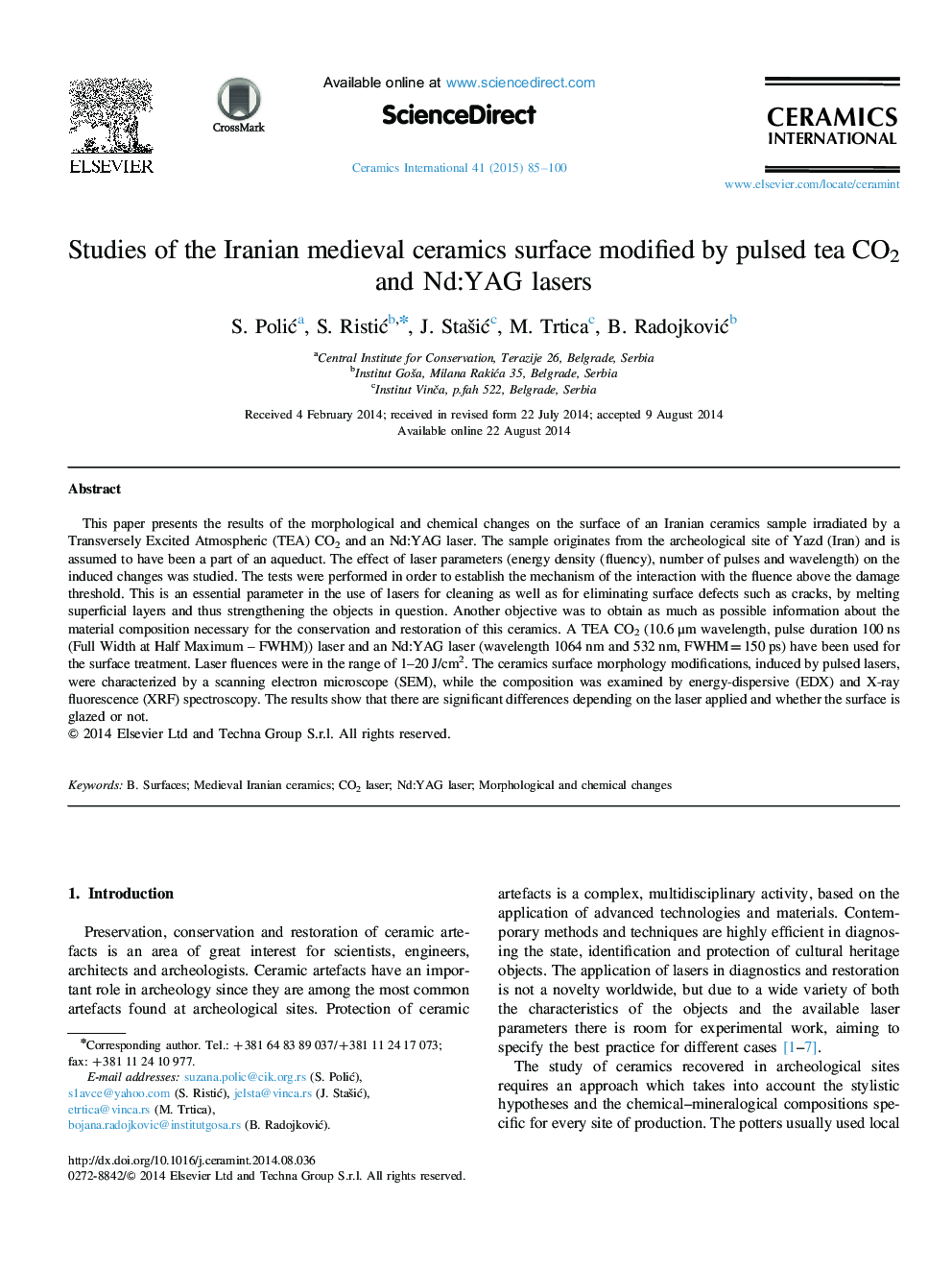 Studies of the Iranian medieval ceramics surface modified by pulsed tea CO2 and Nd:YAG lasers