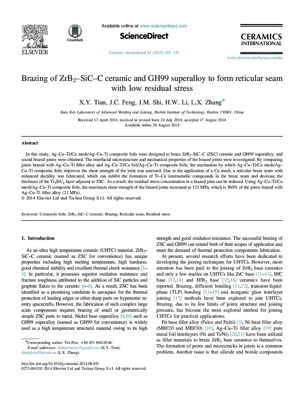 Brazing of ZrB2–SiC–C ceramic and GH99 superalloy to form reticular seam with low residual stress