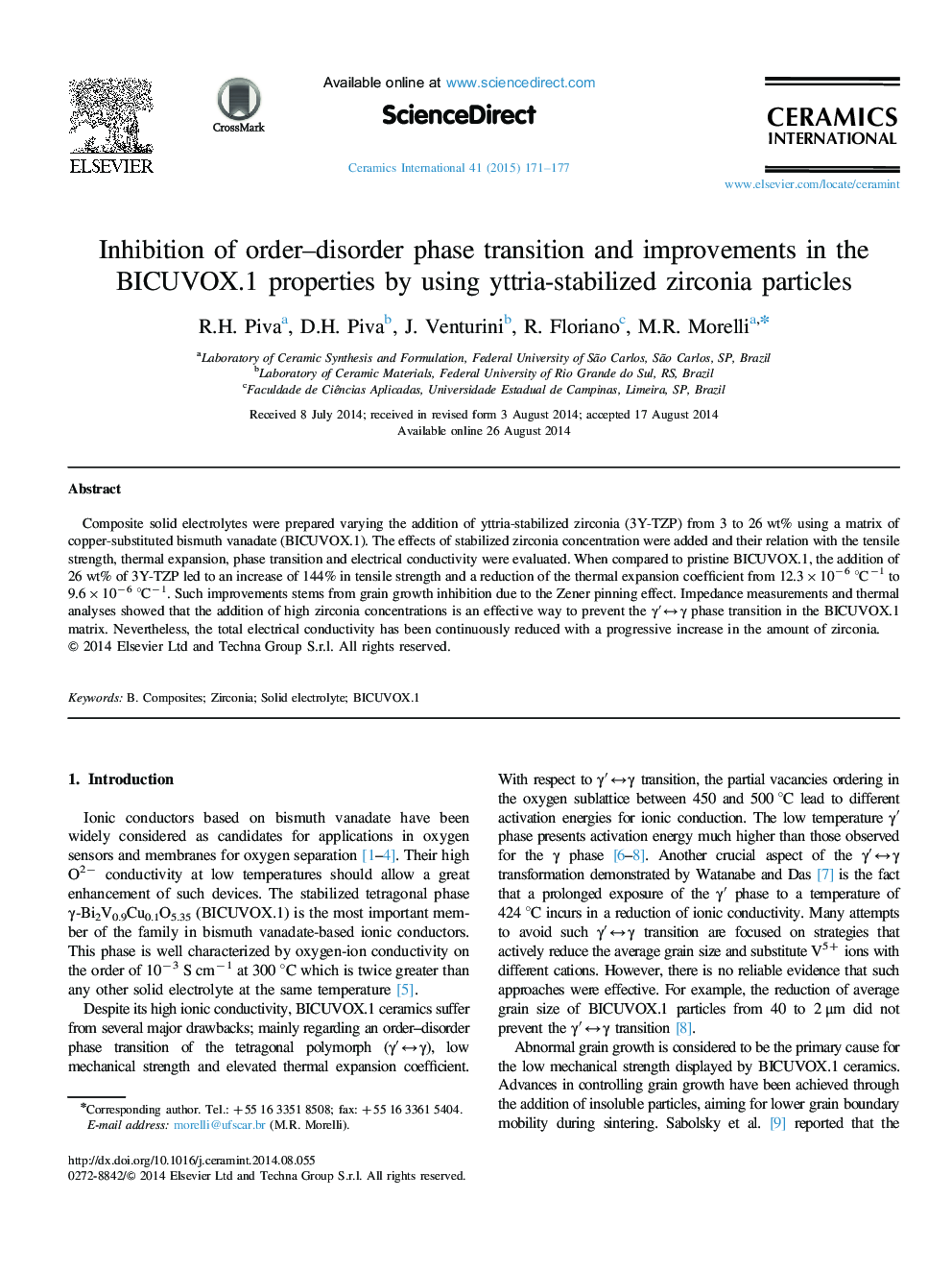 Inhibition of order–disorder phase transition and improvements in the BICUVOX.1 properties by using yttria-stabilized zirconia particles