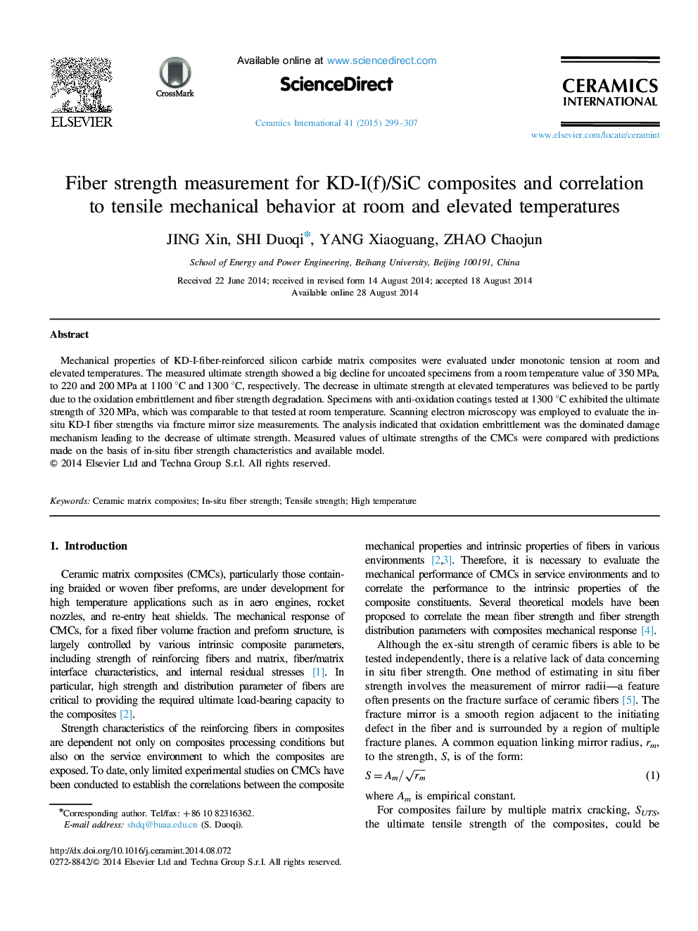 Fiber strength measurement for KD-I(f)/SiC composites and correlation to tensile mechanical behavior at room and elevated temperatures