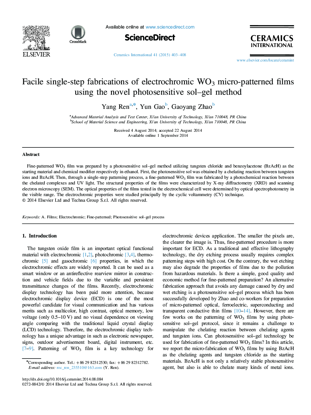 Facile single-step fabrications of electrochromic WO3 micro-patterned films using the novel photosensitive sol–gel method