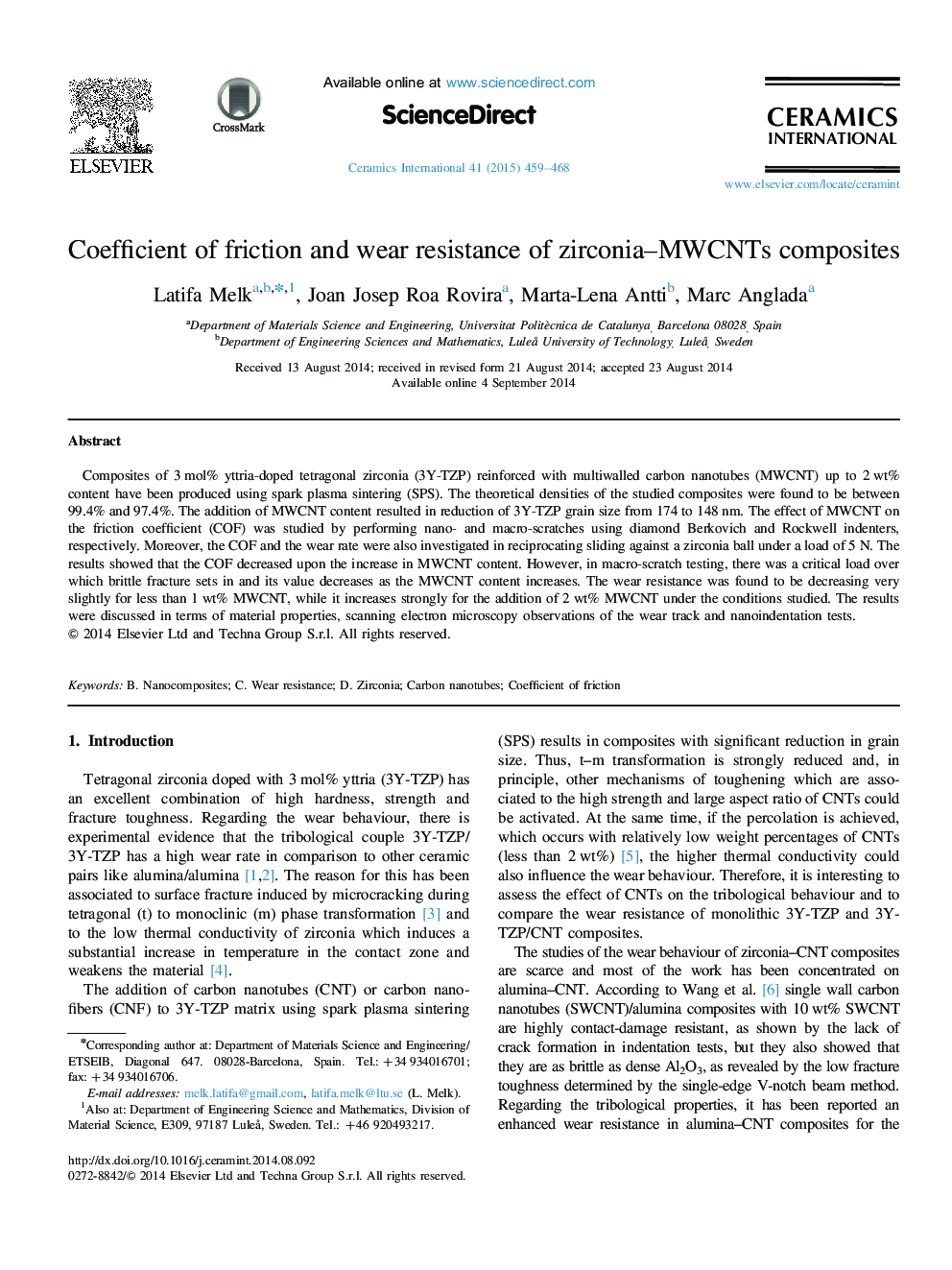 Coefficient of friction and wear resistance of zirconia–MWCNTs composites