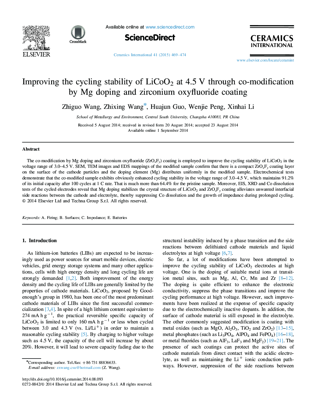 Improving the cycling stability of LiCoO2 at 4.5 V through co-modification by Mg doping and zirconium oxyfluoride coating