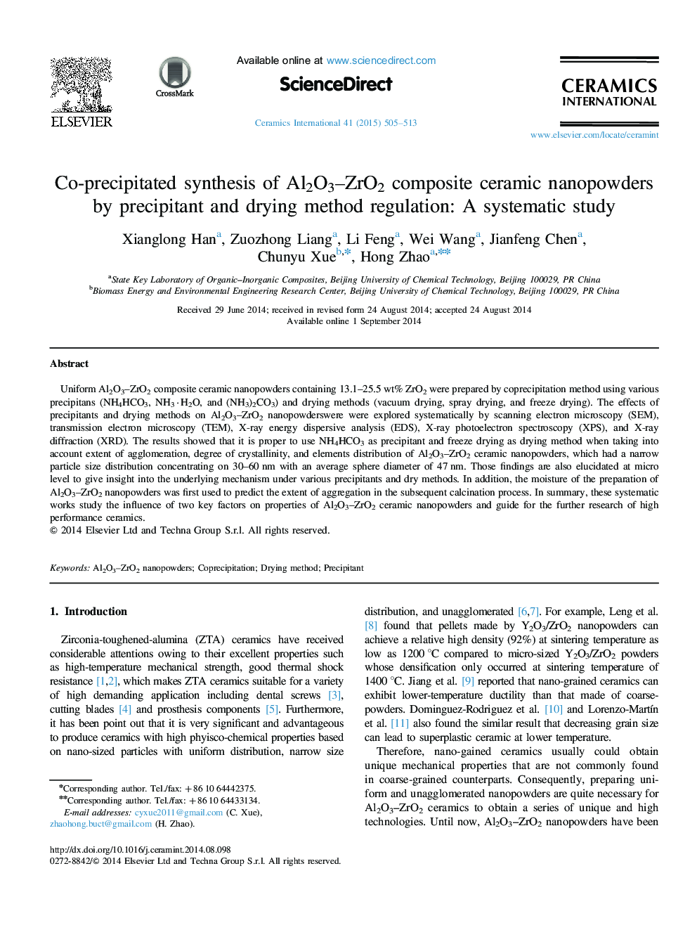 Co-precipitated synthesis of Al2O3–ZrO2 composite ceramic nanopowders by precipitant and drying method regulation: A systematic study