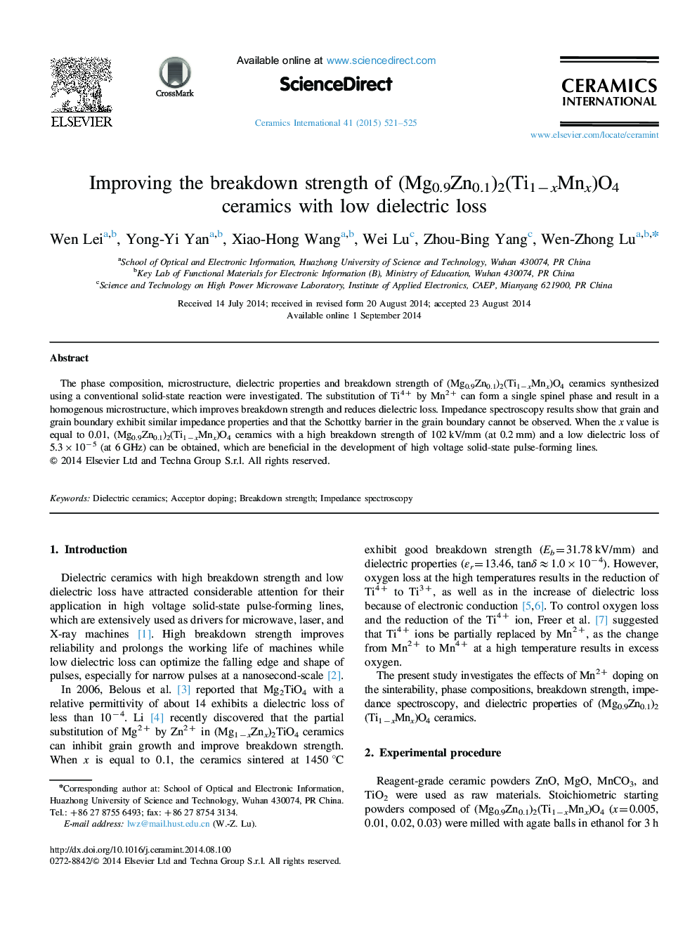 Improving the breakdown strength of (Mg0.9Zn0.1)2(Ti1−xMnx)O4 ceramics with low dielectric loss