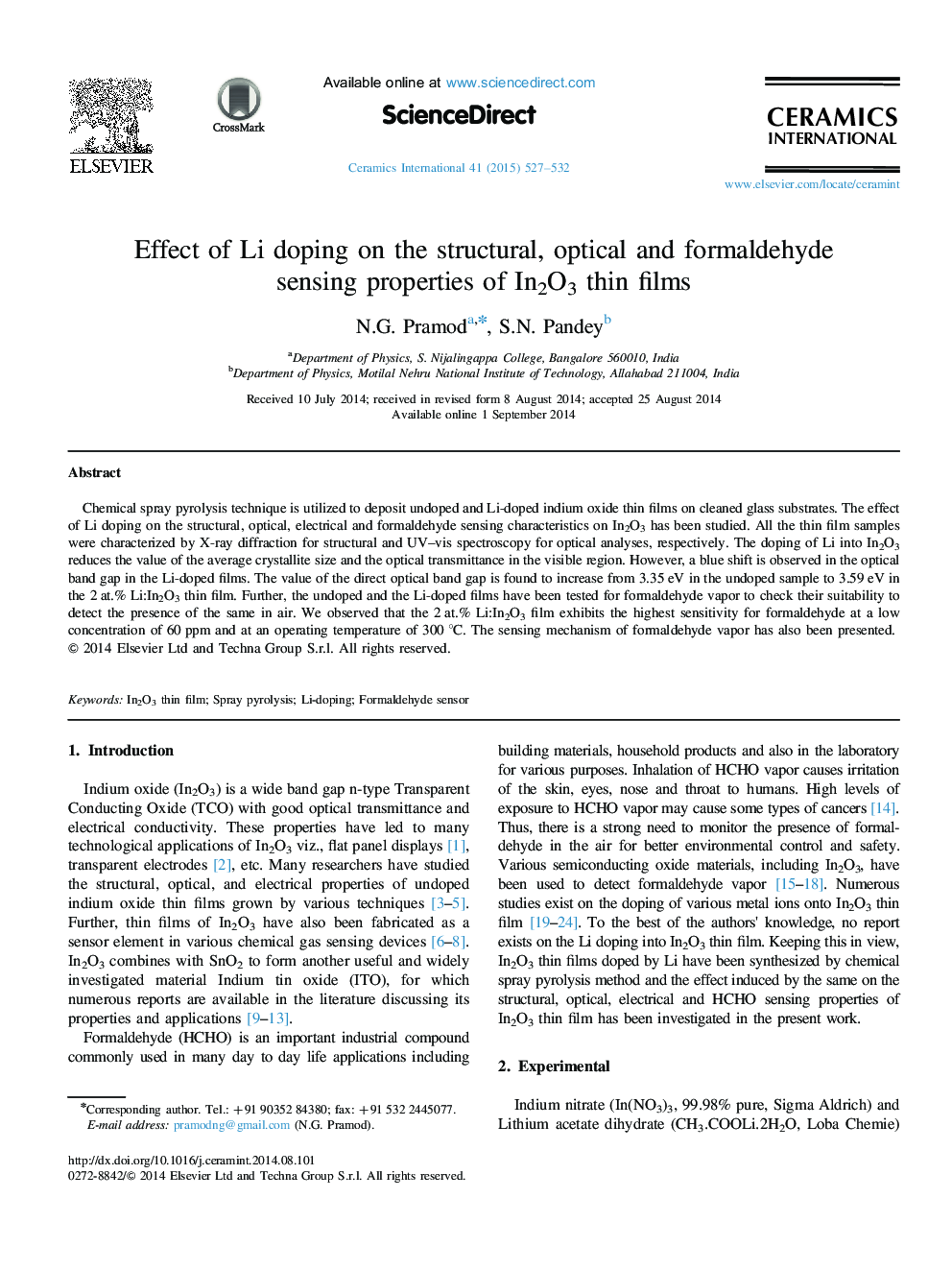 Effect of Li doping on the structural, optical and formaldehyde sensing properties of In2O3 thin films