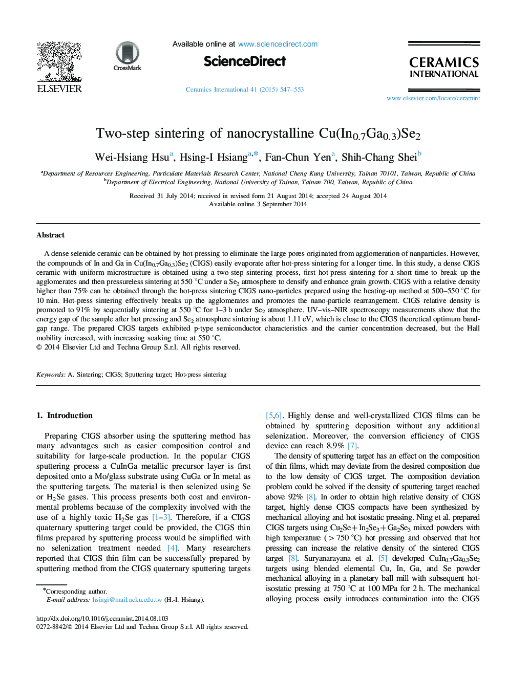 Two-step sintering of nanocrystalline Cu(In0.7Ga0.3)Se2