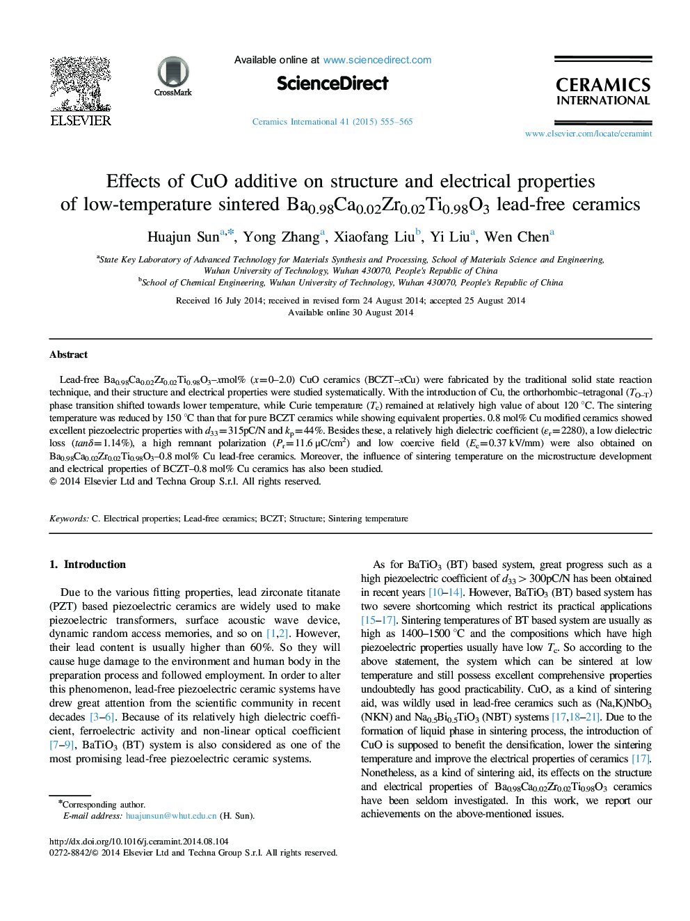 Effects of CuO additive on structure and electrical properties of low-temperature sintered Ba0.98Ca0.02Zr0.02Ti0.98O3 lead-free ceramics