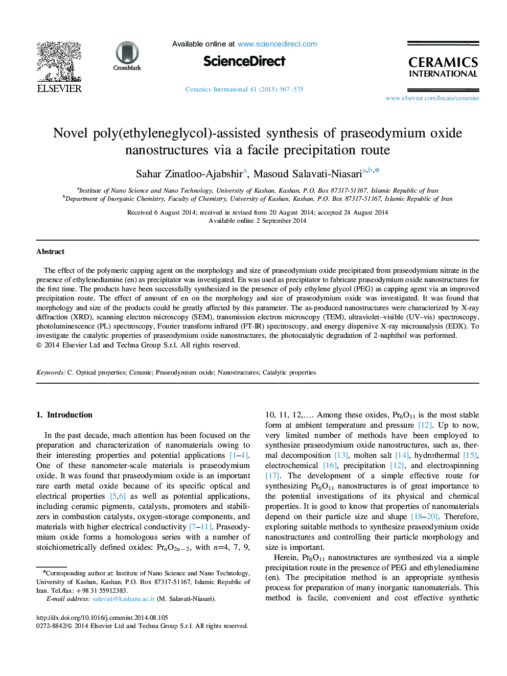 Novel poly(ethyleneglycol)-assisted synthesis of praseodymium oxide nanostructures via a facile precipitation route
