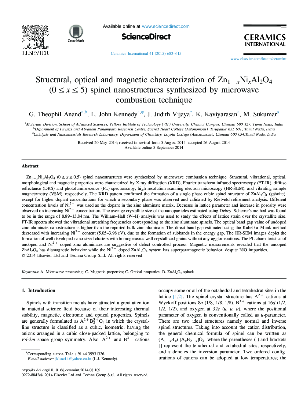 Structural, optical and magnetic characterization of Zn1−xNixAl2O4 (0≤x≤5) spinel nanostructures synthesized by microwave combustion technique