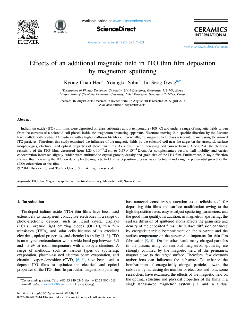 Effects of an additional magnetic field in ITO thin film deposition by magnetron sputtering