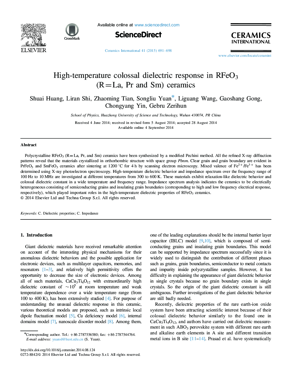 High-temperature colossal dielectric response in RFeO3 (R=La, Pr and Sm) ceramics