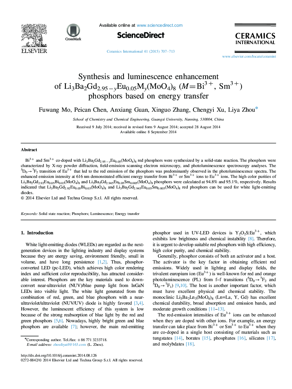 Synthesis and luminescence enhancement of Li3Ba2Gd2.95−yEu0.05My(MoO4)8 (M=Bi3+, Sm3+) phosphors based on energy transfer