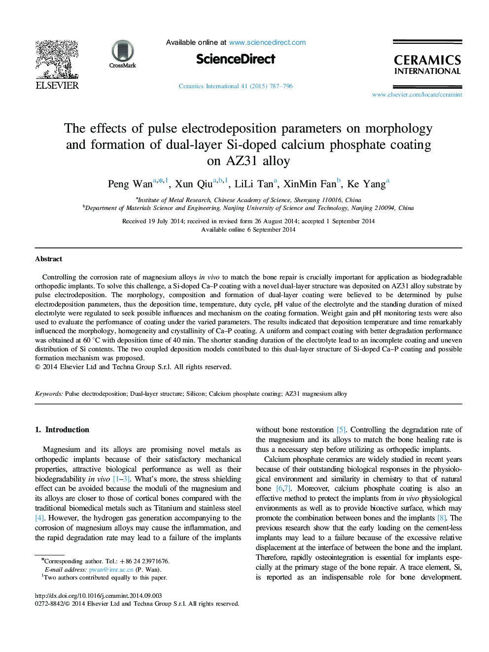 The effects of pulse electrodeposition parameters on morphology and formation of dual-layer Si-doped calcium phosphate coating on AZ31 alloy