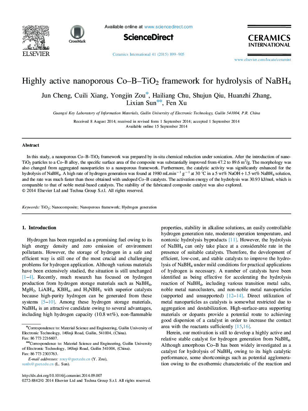 Highly active nanoporous Co–B–TiO2 framework for hydrolysis of NaBH4