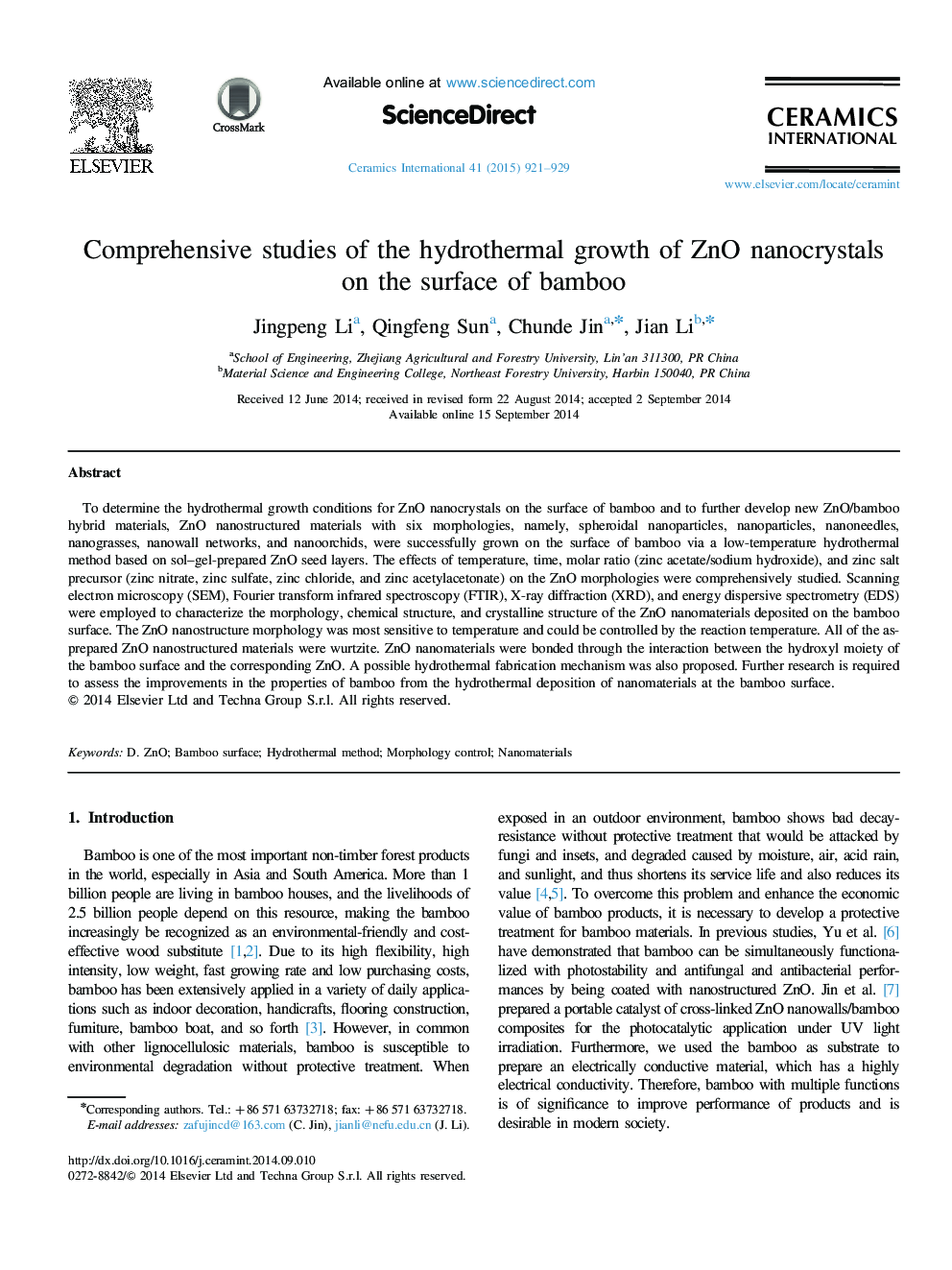 Comprehensive studies of the hydrothermal growth of ZnO nanocrystals on the surface of bamboo