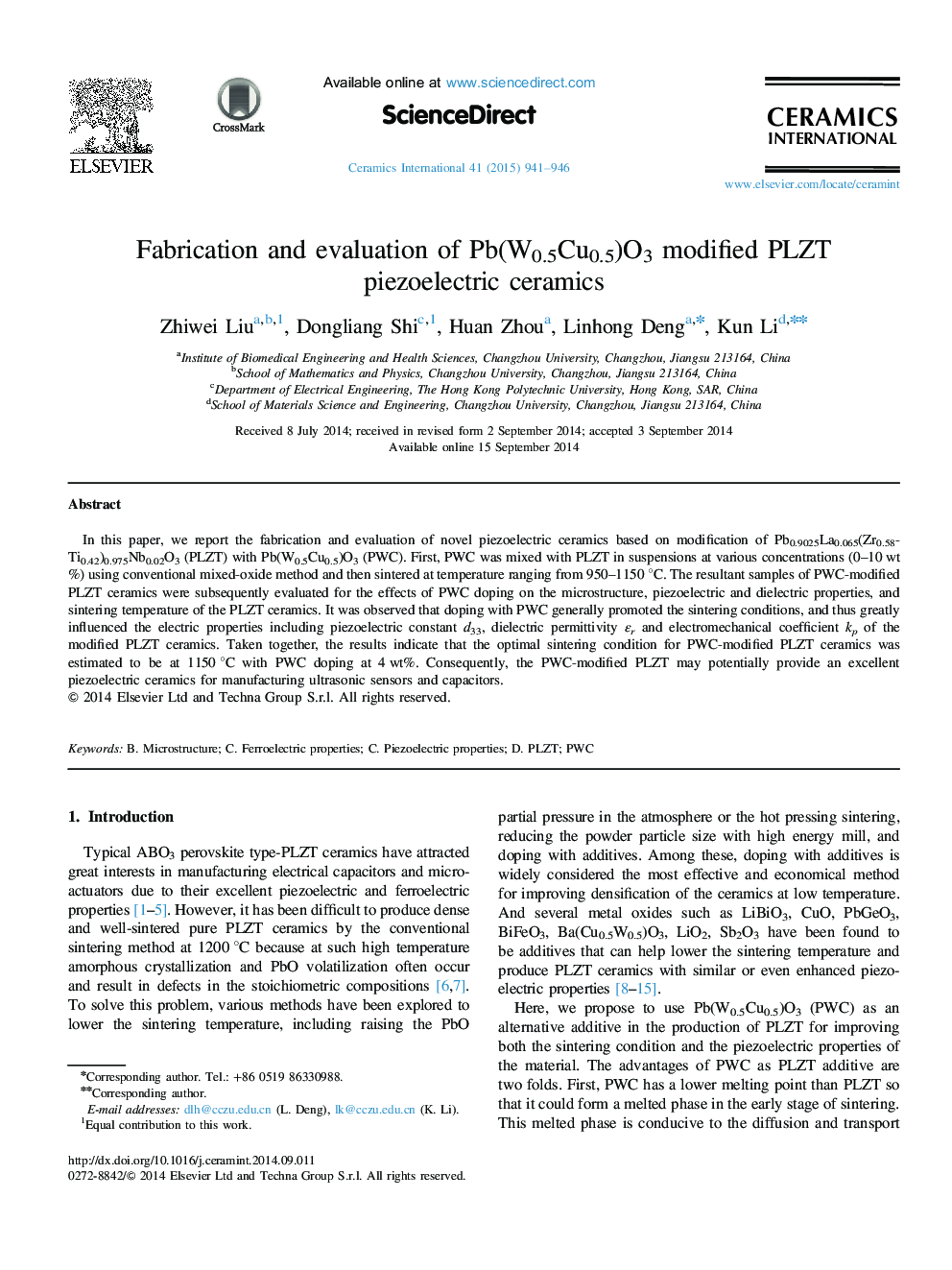 Fabrication and evaluation of Pb(W0.5Cu0.5)O3 modified PLZT piezoelectric ceramics