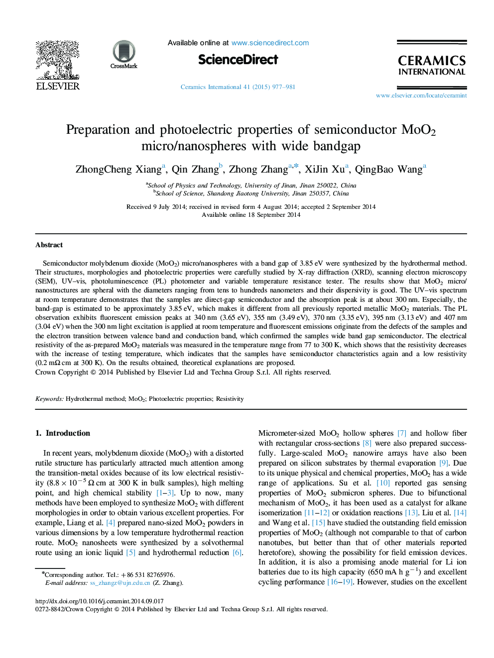 Preparation and photoelectric properties of semiconductor MoO2 micro/nanospheres with wide bandgap