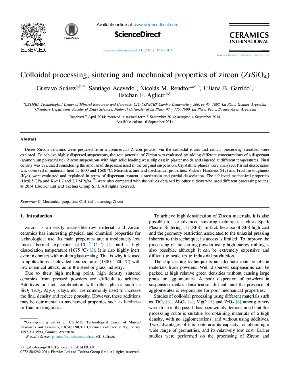 Colloidal processing, sintering and mechanical properties of zircon (ZrSiO4)