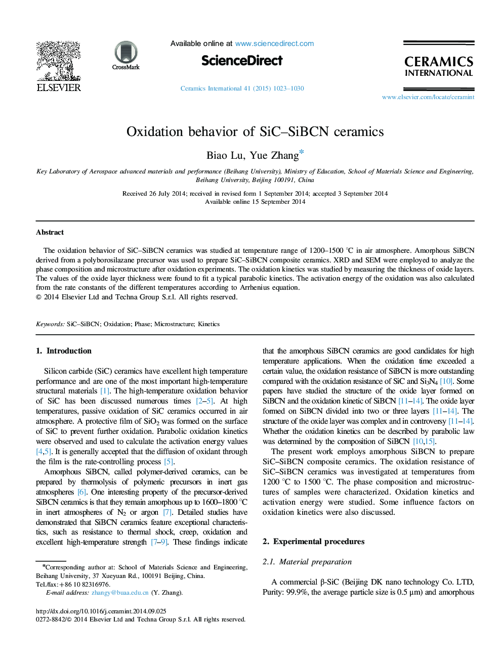 Oxidation behavior of SiC–SiBCN ceramics