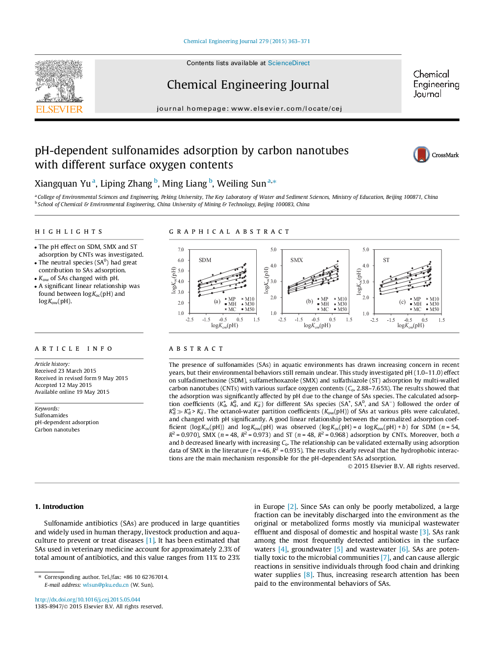 عکس صفحه اول مقاله: pH-dependent sulfonamides adsorption by carbon nanotubes with different surface oxygen contents pH-dependent sulfonamides adsorption by carbon nanotubes with different surface oxygen contents