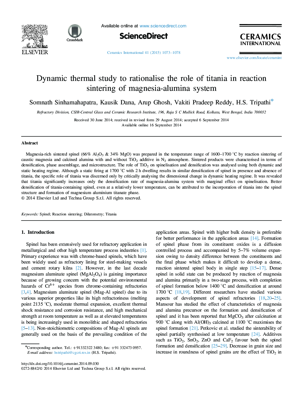 Dynamic thermal study to rationalise the role of titania in reaction sintering of magnesia-alumina system