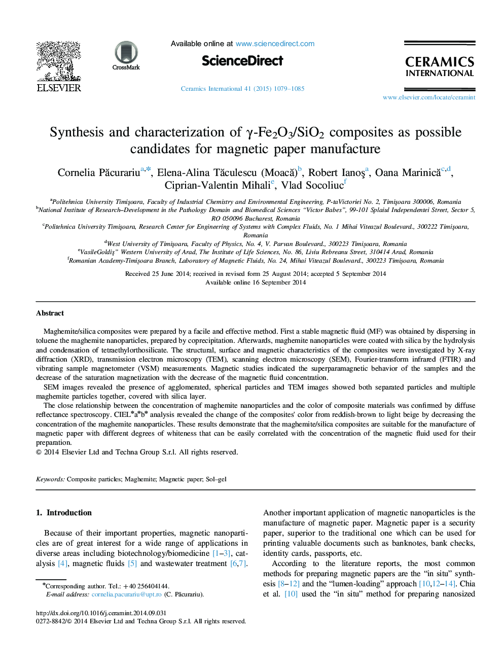 Synthesis and characterization of γ-Fe2O3/SiO2 composites as possible candidates for magnetic paper manufacture