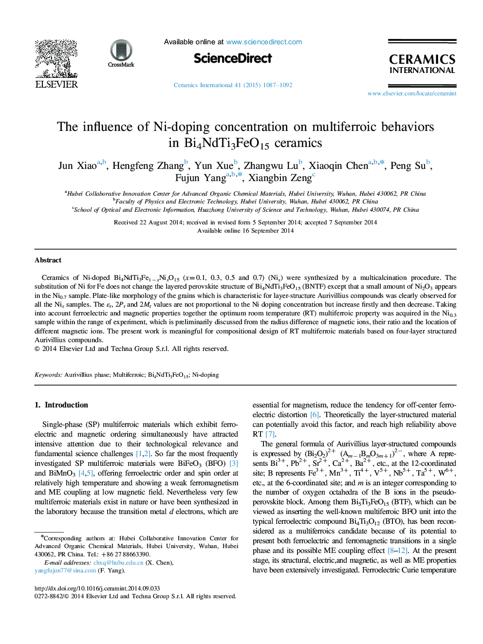 The influence of Ni-doping concentration on multiferroic behaviors in Bi4NdTi3FeO15 ceramics