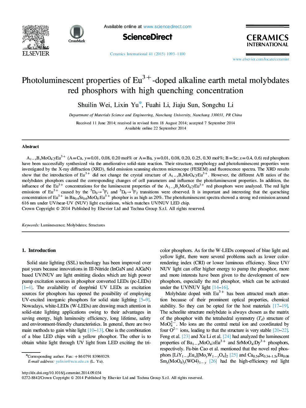 Photoluminescent properties of Eu3+-doped alkaline earth metal molybdates red phosphors with high quenching concentration