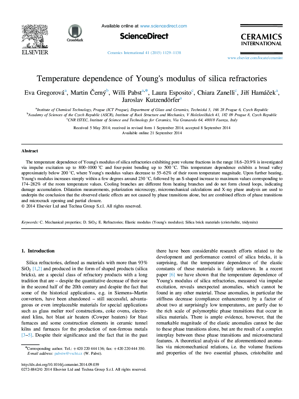 Temperature dependence of Young׳s modulus of silica refractories