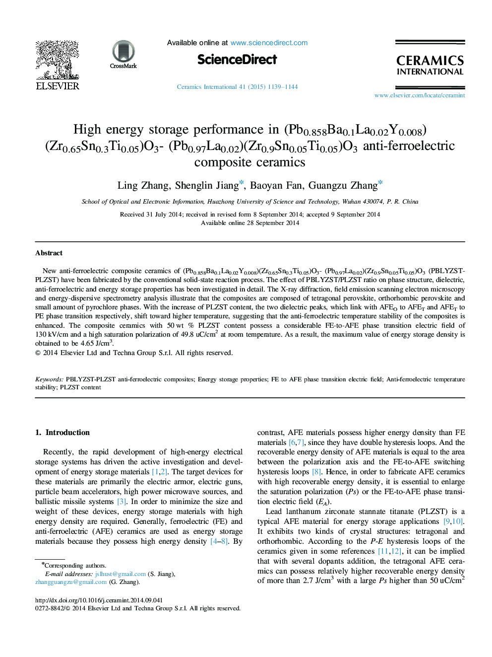 High energy storage performance in (Pb0.858Ba0.1La0.02Y0.008)(Zr0.65Sn0.3Ti0.05)O3- (Pb0.97La0.02)(Zr0.9Sn0.05Ti0.05)O3 anti-ferroelectric composite ceramics