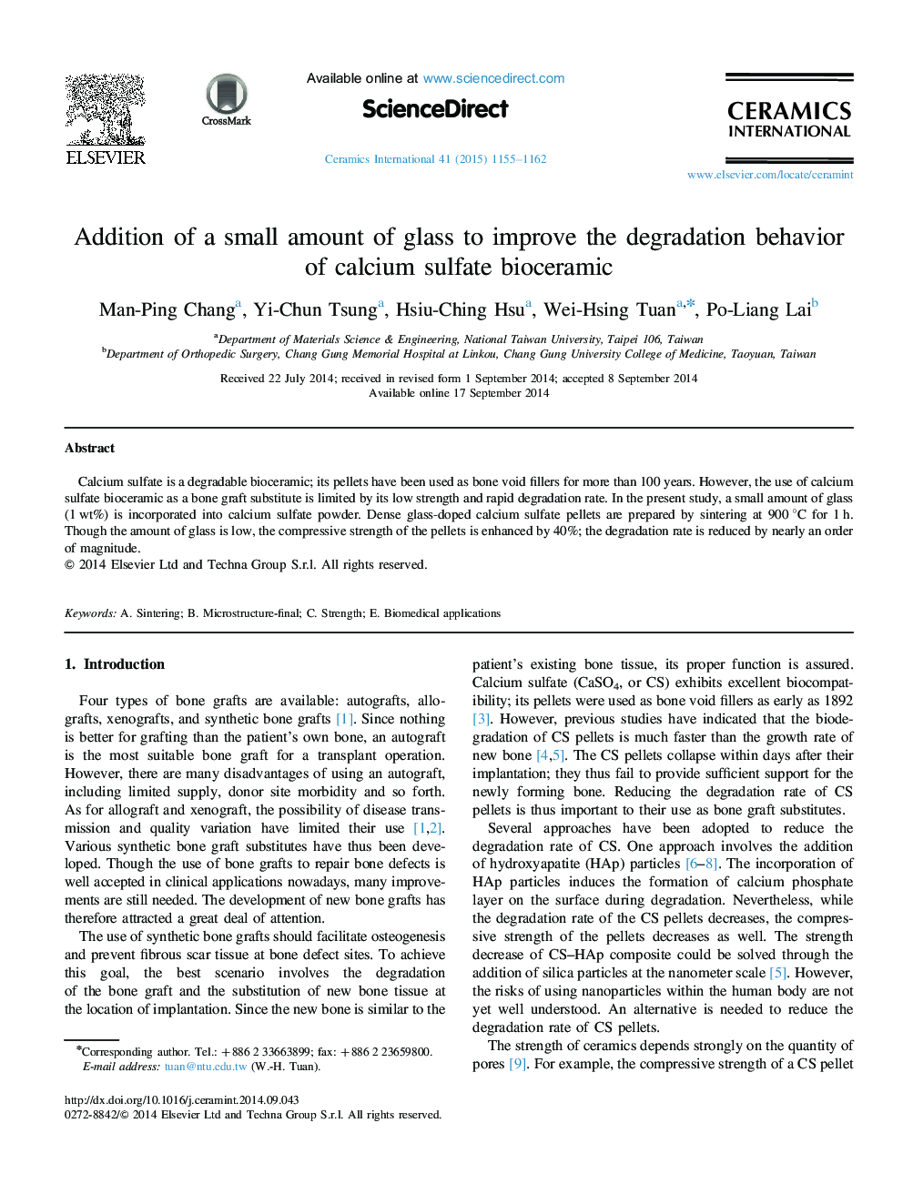 Addition of a small amount of glass to improve the degradation behavior of calcium sulfate bioceramic