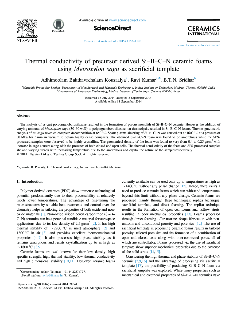 Thermal conductivity of precursor derived Si–B–C–N ceramic foams using Metroxylon sagu as sacrificial template