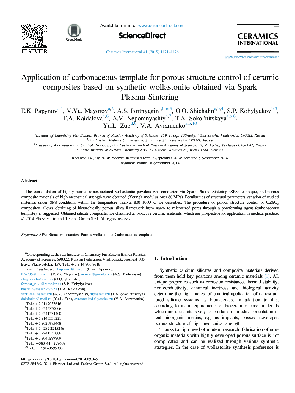 Application of carbonaceous template for porous structure control of ceramic composites based on synthetic wollastonite obtained via Spark Plasma Sintering