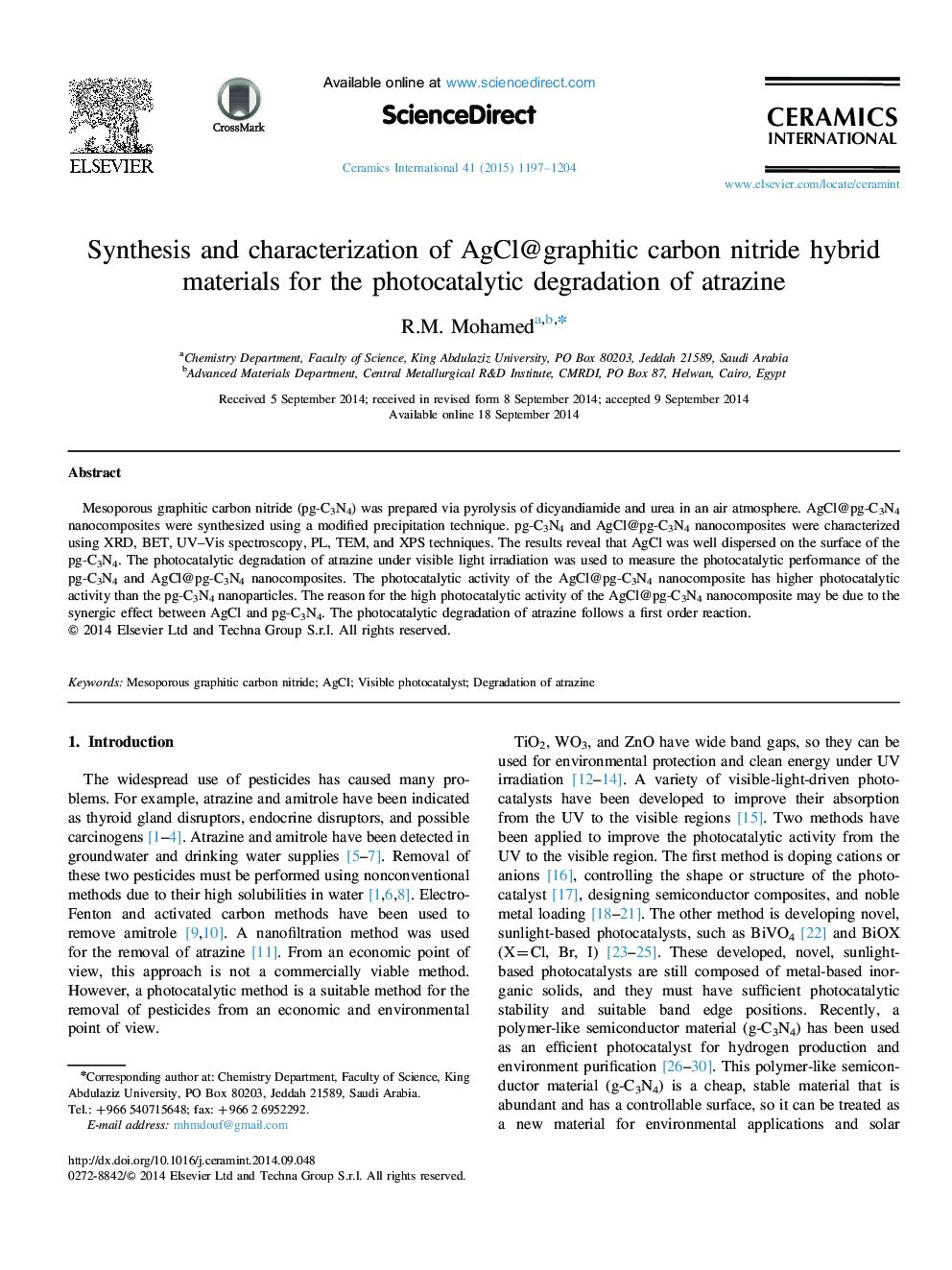 Synthesis and characterization of AgCl@graphitic carbon nitride hybrid materials for the photocatalytic degradation of atrazine