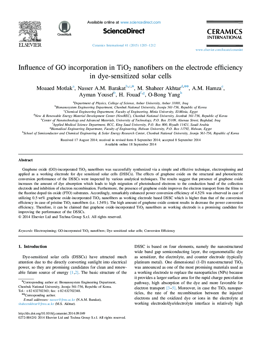 Influence of GO incorporation in TiO2 nanofibers on the electrode efficiency in dye-sensitized solar cells