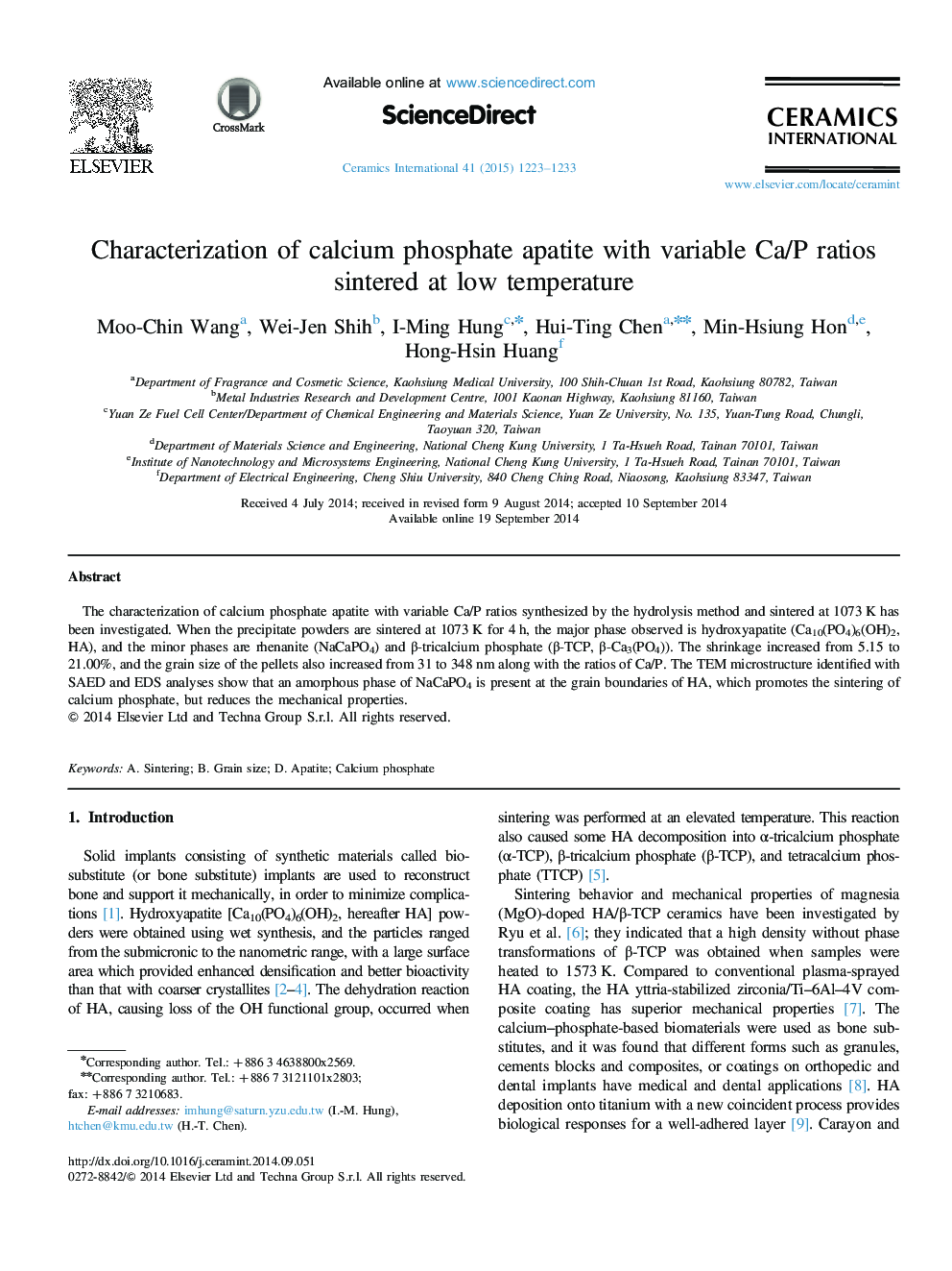 Characterization of calcium phosphate apatite with variable Ca/P ratios sintered at low temperature