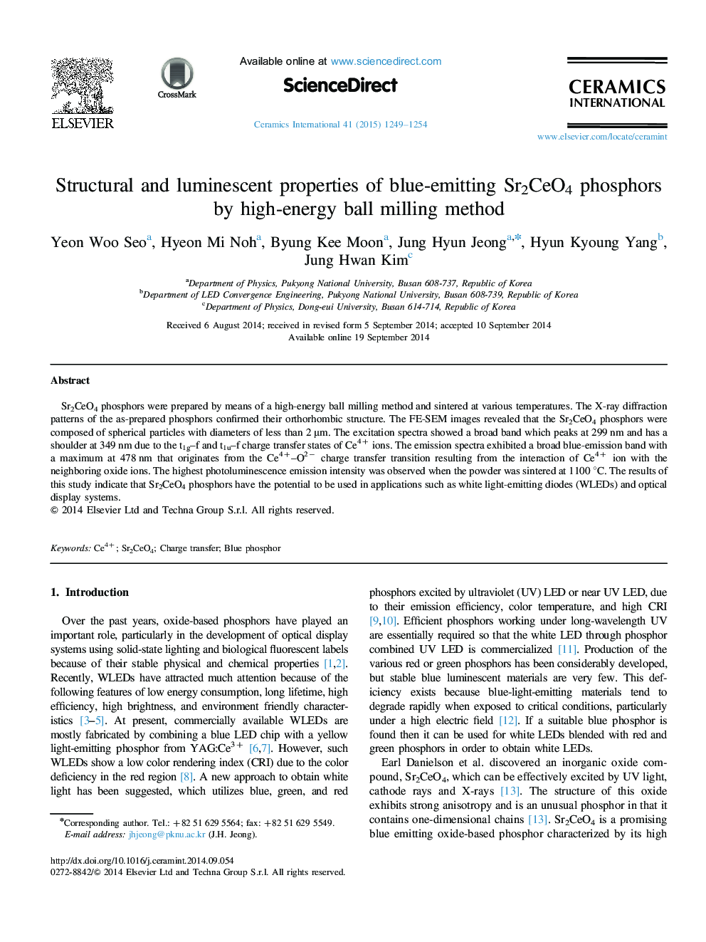 Structural and luminescent properties of blue-emitting Sr2CeO4 phosphors by high-energy ball milling method