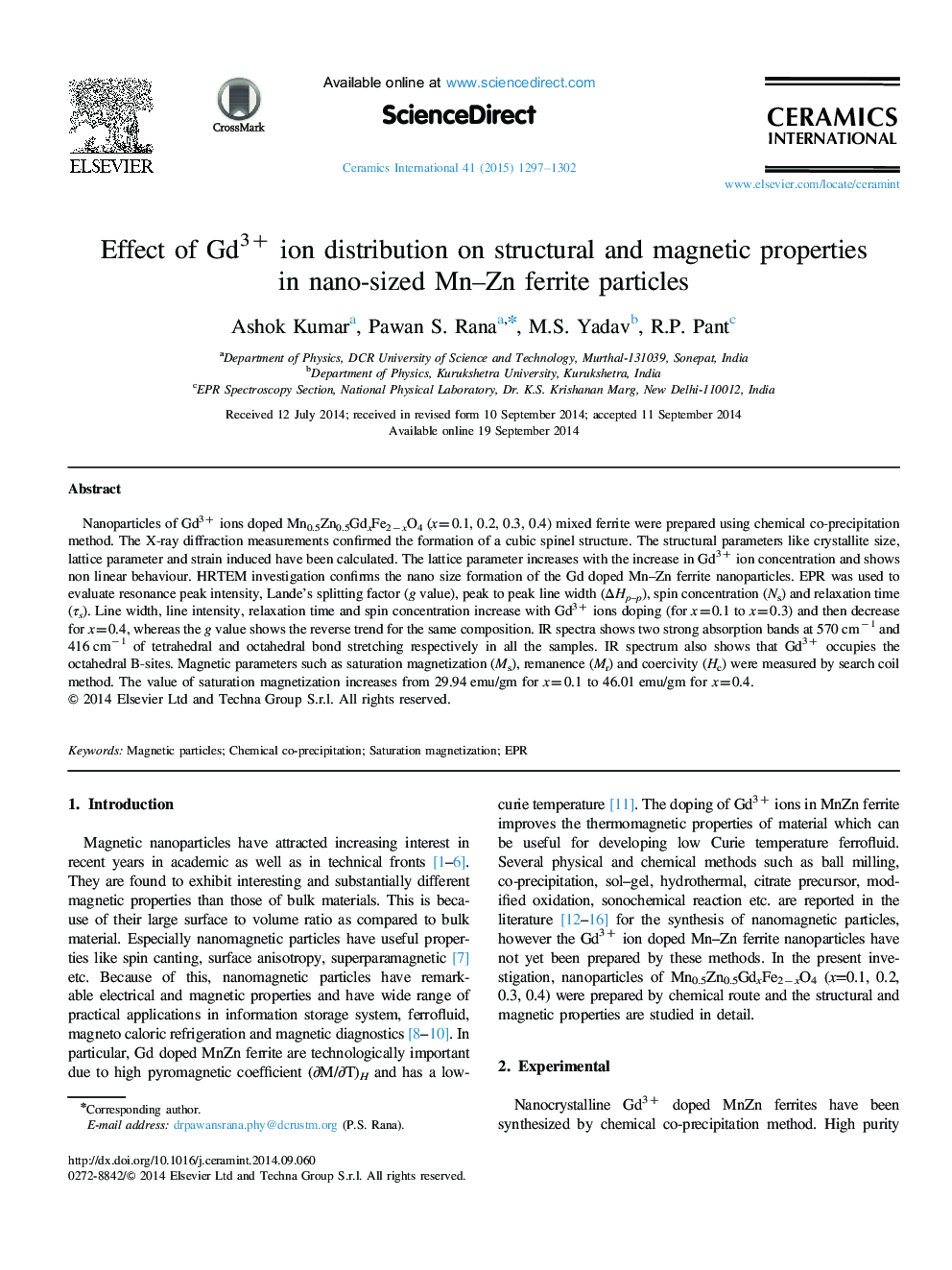 Effect of Gd3+ ion distribution on structural and magnetic properties in nano-sized Mn–Zn ferrite particles