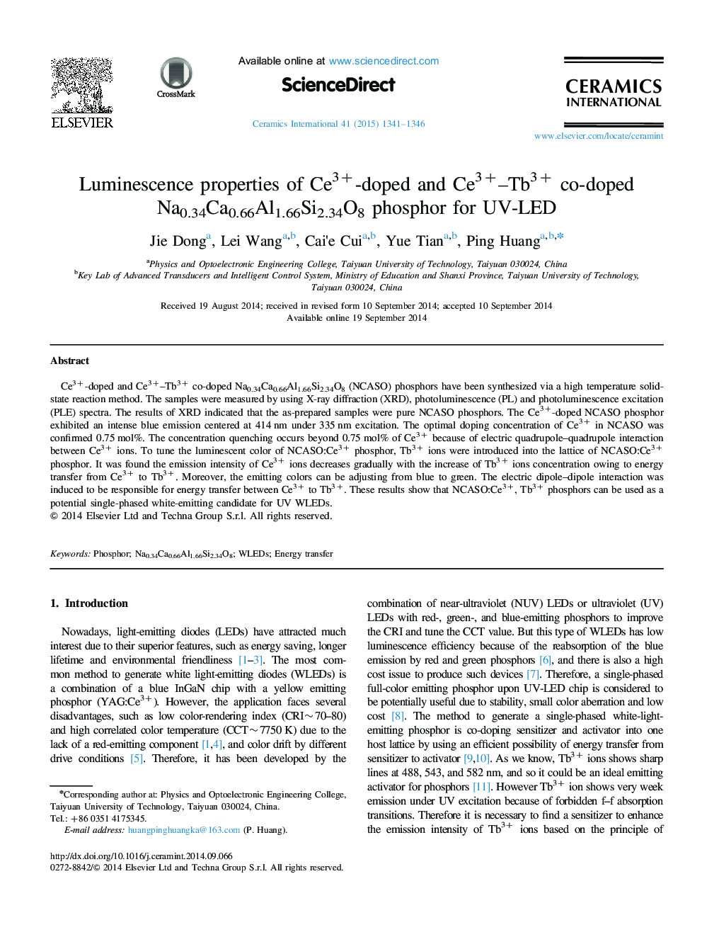 Luminescence properties of Ce3+-doped and Ce3+–Tb3+ co-doped Na0.34Ca0.66Al1.66Si2.34O8 phosphor for UV-LED