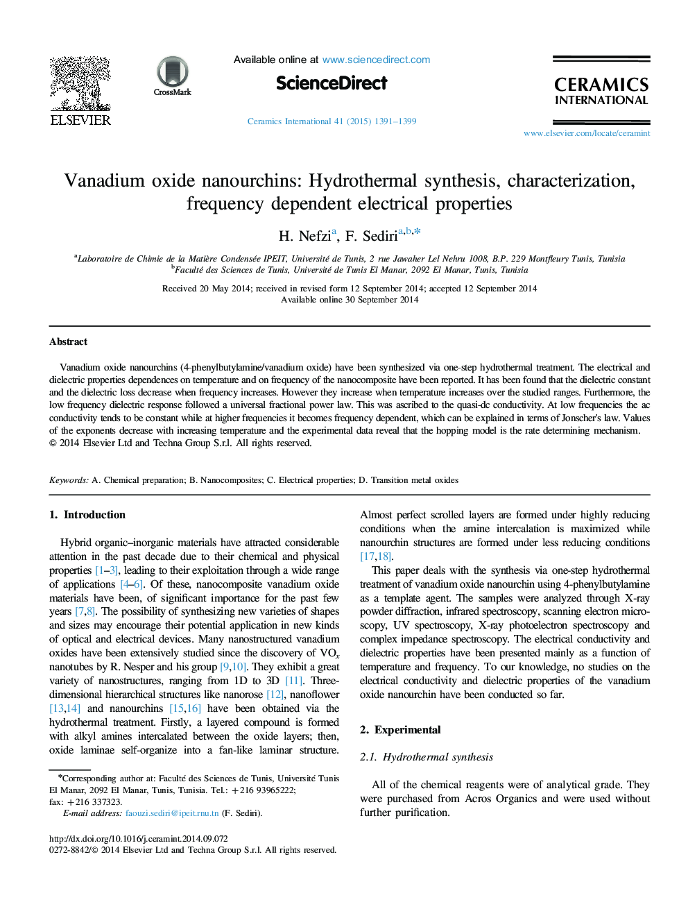 Vanadium oxide nanourchins: Hydrothermal synthesis, characterization, frequency dependent electrical properties