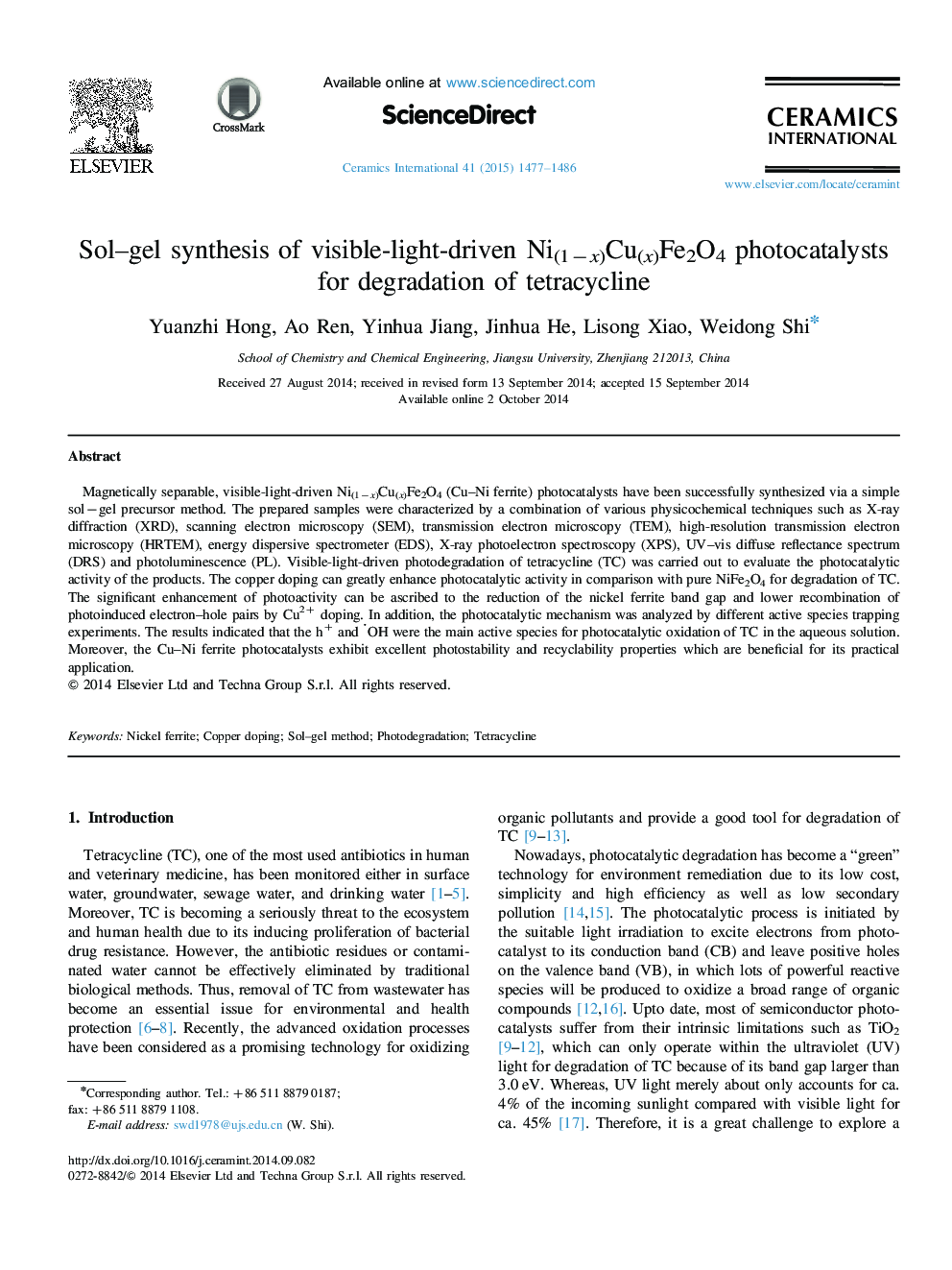 Sol–gel synthesis of visible-light-driven Ni(1−x)Cu(x)Fe2O4 photocatalysts for degradation of tetracycline