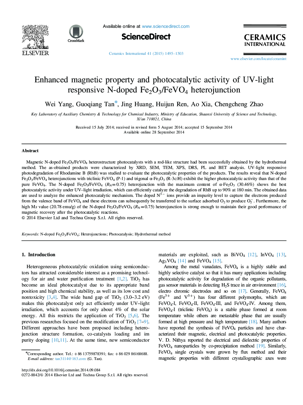 Enhanced magnetic property and photocatalytic activity of UV-light responsive N-doped Fe2O3/FeVO4 heterojunction