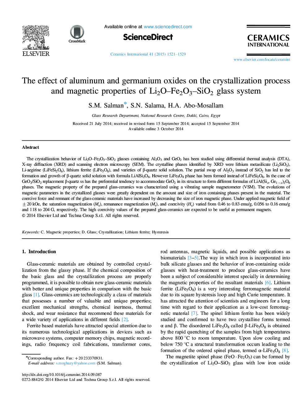 The effect of aluminum and germanium oxides on the crystallization process and magnetic properties of Li2O–Fe2O3–SiO2 glass system