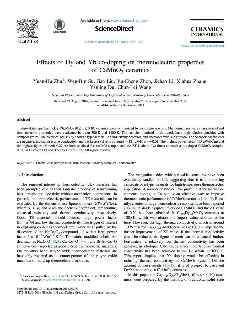 Effects of Dy and Yb co-doping on thermoelectric properties of CaMnO3 ceramics