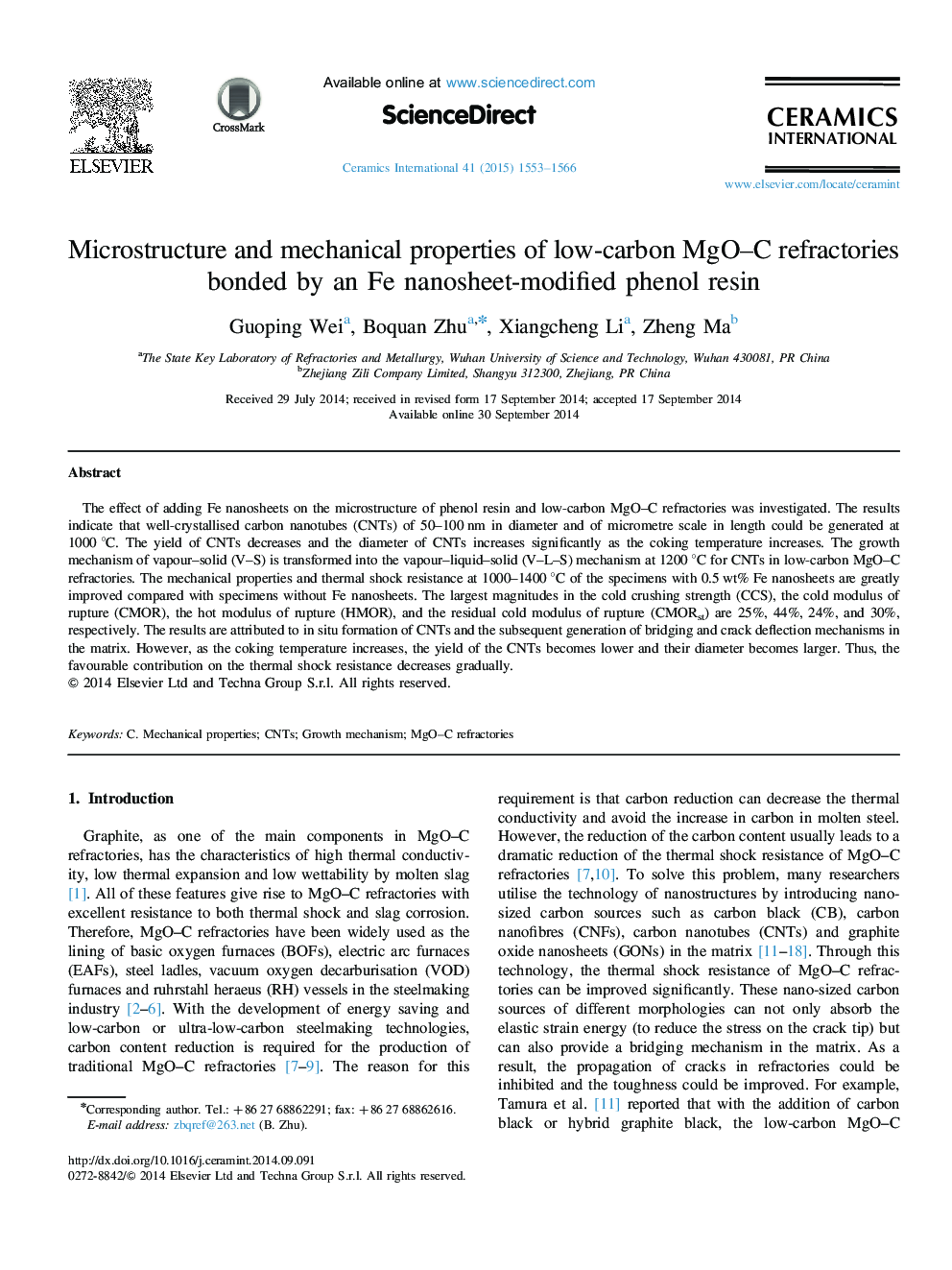 Microstructure and mechanical properties of low-carbon MgO–C refractories bonded by an Fe nanosheet-modified phenol resin